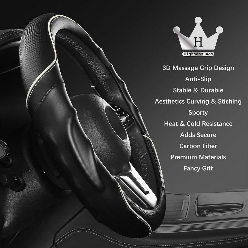 Steering Wheel Cover 39-41cm Anti-Slip Faux Leather Carbon Fibre Massage Grip â White