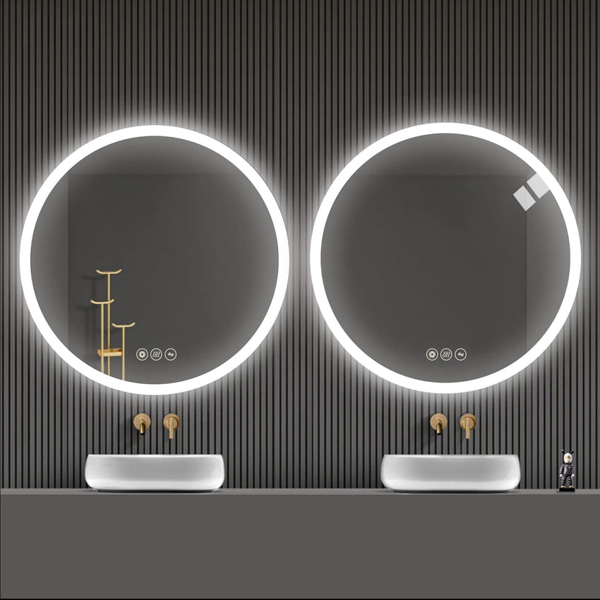 AI-LIGHTING 60cm Round Mirror with Lights Bathroom LED Circular Mirror Illuminated Anti-Fog Backlit Light Up Circle Mirror Touch Switch Color Change Demister IP44 Dimmable