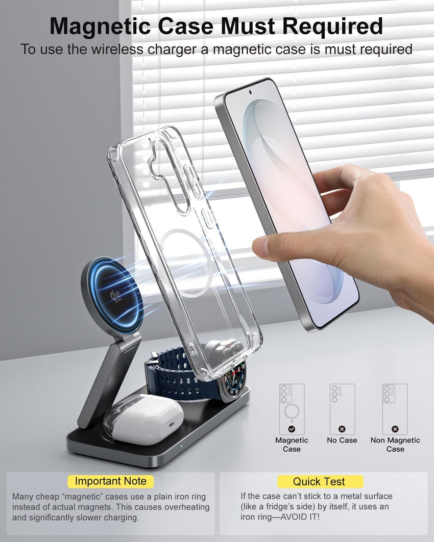 3-in-1 Magnetic Wireless Charger Qi2 25W MagSafe-Compatible for Samsung & iPhone Black