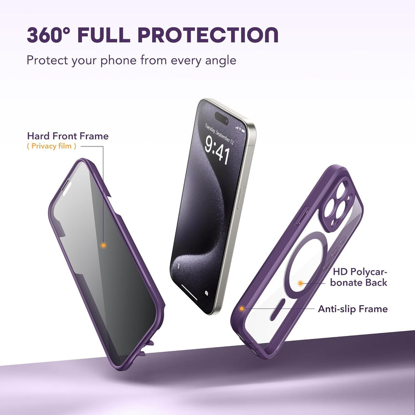 TIESZEN for iPhone 15 Pro Max Case, Compatible with MagSafe, Built-in Privacy Screen Protector and Camera Protection, Anti Spy Full Body Dustproof Shockproof Hard Phone Case 6.7", Purple