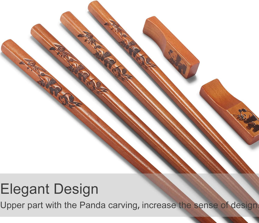 Reusable Wooden Chopsticks 2-Pair with Holder Panda Design Traditional Gift Set Natural