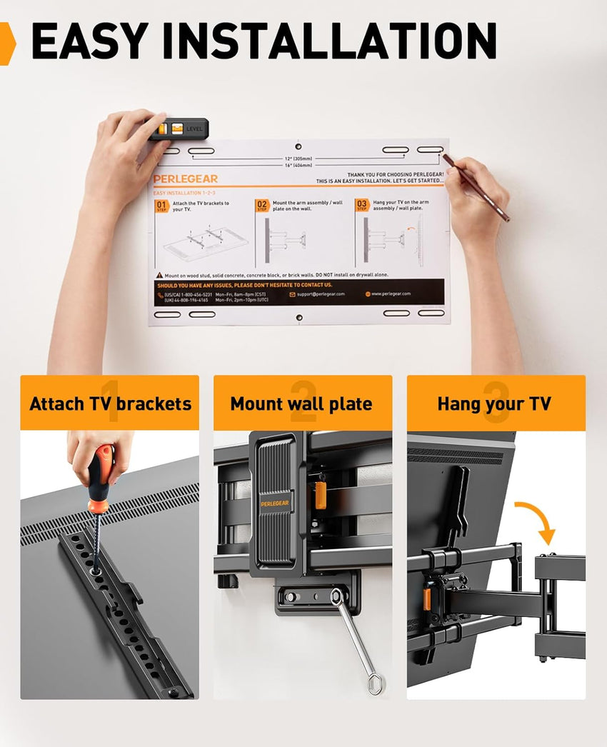 Perlegear TV Wall Bracket for 42-86 Inch Flat/Curved TVs up to 60 kg, Tilt and Swivel Wall Brackets with Dual Arms, Full Motion TV Wall Mount Max VESA 600x400mm, PGLF12