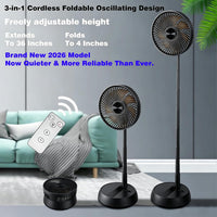 Portable Oscillating Pedestal Fan 8" Foldable 7200mAh Rechargeable 4 Speeds Remote â White
