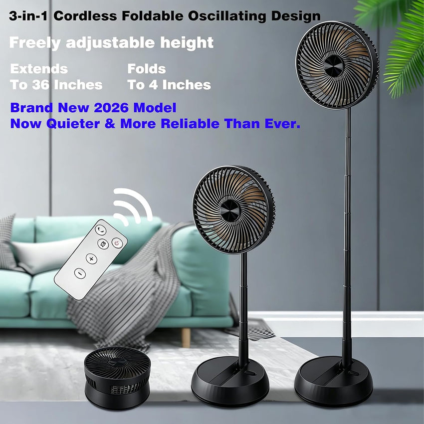 Portable Oscillating Pedestal Fan 8" Foldable 7200mAh Rechargeable 4 Speeds Remote â White
