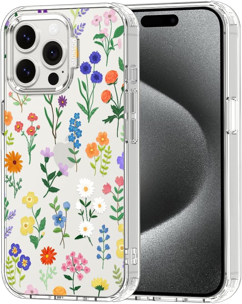 MOSNOVO Case for iPhone 15 Pro Max, [Buffertech 6.6ft Military-Grade Drop Protection] [Anti Peel Off Tech] Clear TPU Bumper Phone Case Cover Design - Botanical Floral