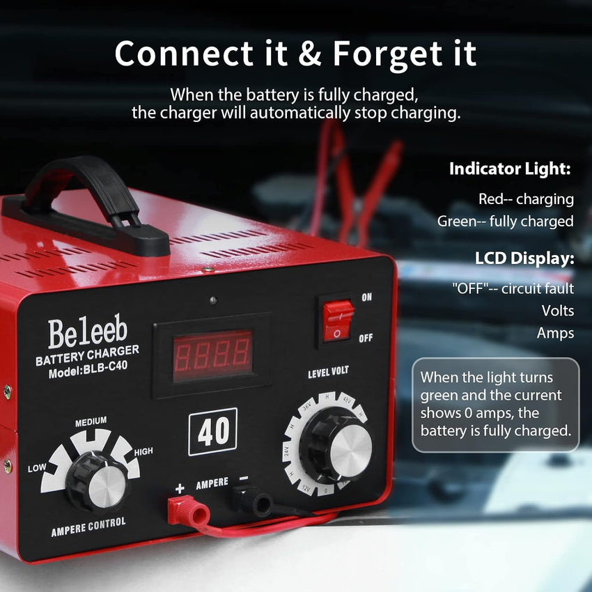 Hugoome Beleeb Series C40 Battery Charger 12V 24V 36V 48V 60V 72V, Pulses of High-Voltage Battery Desulfator Maintainer with Crocodile Clips for Lead-Acid Lithium-ion Batteries