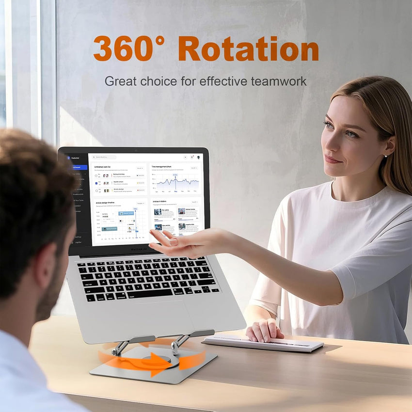 GRIFEMA Laptop Stand for Desk, Foldable Laptop Riser with 360^0 Swivel Base, Adjustable Height & Angle, Ventilated Computer Stand Compatible with MacBook Air/Pro, Dell, and 11-17" Laptops - Silver