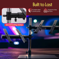 Portable Dual Laptop Stand with Clamp-On Shelf, Adjustable Height, Ergonomic Desk Attachment for Charging Station, Treadmill Use, Keyboard Extender, Workstation, and Gaming Setup
