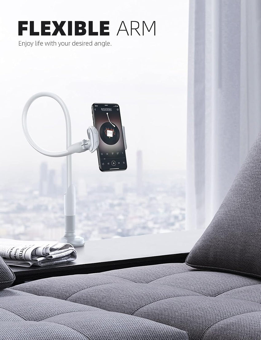 Lamicall Gooseneck Phone Holder, Flexible Holder for Bed - Lazy Arm 360 Adjustable Clamp Bracket for iPhone 16 15 14 Pro Max Plus, 13 12 Pro Max Mini, 11 Pro Xs XR X, Samsung S23, Smartphones - White