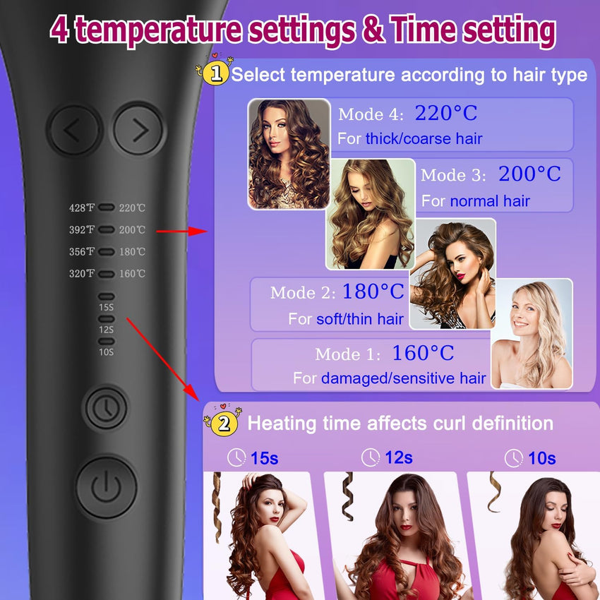Hair Curler Wand 4 Temp 3 Timers Ceramic Professional Salon Gold