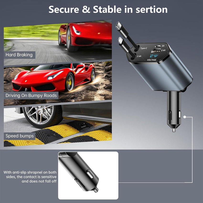 Retractable Car Charger Adapter 4 in 1 Phone Charger Fast Charge with 2 Retractable Cables With USB/USB-C Ports Compatible with iPhone, Android, Samsung Galaxy