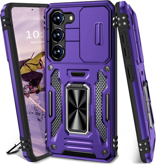 BaHaHoues for Samsung Galaxy S23 Case with Slide Camera Cover and 360^0 Rotatable Magnetic Kickstand Ring, Military Grade Shockproof Protective Case for Galaxy S23 5G (Purple)