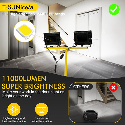11000Lumen Tripod LED Work Light with Stand, 2 Adjustable Twin Head Floodlight with 8.2FT Cord IP66 Waterproof Foldable Construction Work Lights for Indoor Outdoor Job Site Workshop Garage