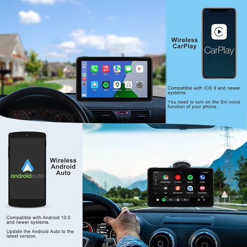 Wireless Apple CarPlay Android Auto Screen for Car, 7" HD Touch Screen Car Stereo Portable Live Navigation Car Play Mirror Link Music Video Player Siri/AirPlay/AUX/FM/Radio