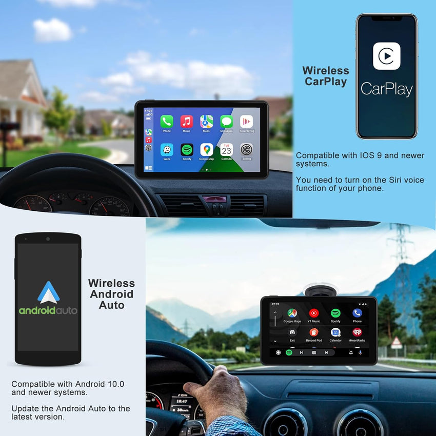 Wireless Apple CarPlay Android Auto Screen for Car, 7" HD Touch Screen Car Stereo Portable Live Navigation Car Play Mirror Link Music Video Player Siri/AirPlay/AUX/FM/Radio