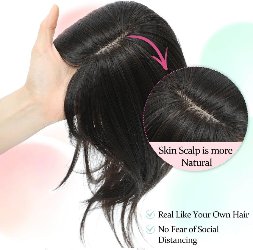 Peonymebeauty Fake Bangs Hair Toppers for Women, 4"X5" Base Topper with 360Â°Clip in Fringe for Hair Loss 12 Inch Synthetic Fiber Wiglets Ladies Straight Hairpieces for Daily Use Add Volume(Dark Brown)