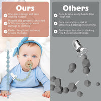 Silicone Pacifier Clip One-Piece Wooden Soother Design Fits Most Pacifiers â Sand & Light Grey