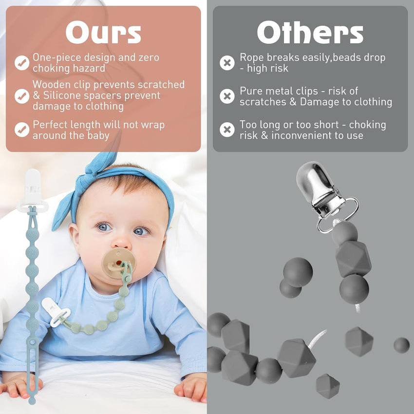 Silicone Pacifier Clip One-Piece Wooden Soother Design Fits Most Pacifiers â Sand & Light Grey