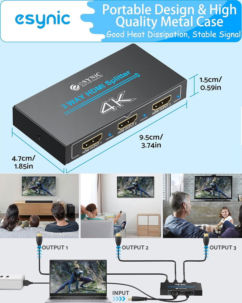 eSynic Professional HDMI Splitter 4K@30HZ 1In 3Out Metal Shell 3 Way HDMI Splitter HDCP 1.4 Hdcp Bypass Splitter Stable Signal Transmission Supports Dolby PCM for Lap-top HDTV PS4 Blu-ray etc