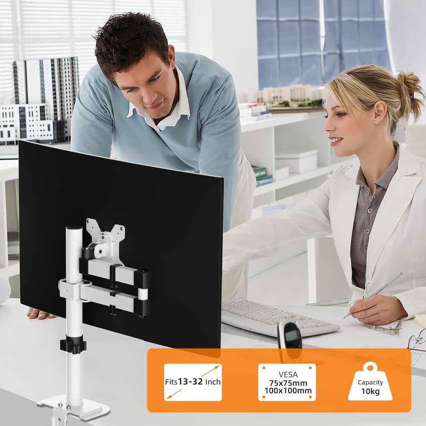 Single Monitor Arm Desk Mount, Max Load 10kg, Single Monitor Mount for 13-32 inch LCD LED Screens, Adjustable Single Desk Mount with Tilt Swivel Rotation, 2 Mouting Options, Vesa 75x75/100x100mm White