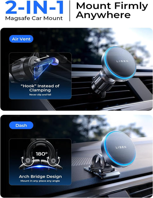LISEN for Magsafe Car Mount Charger [15W Top Charge] Magnetic Car Phone Holder for iPhone 17 Pro Max Wireless Charger Phone Holder For iPhone 17 Pro Max Air 16 15 14 Magsafe Accessories Non Slip Mat