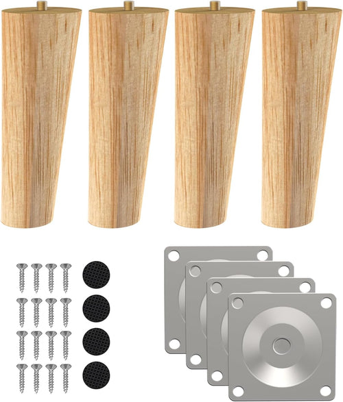 ROFMAPLE Wood Furniture Legs, 15cm Solid Wood Cabinet Legs 4 Pack Wooden Round Couch Table Sofa Replacement Legs with Rubber Protection Pad, Mounting Plates & Screws (Slant)