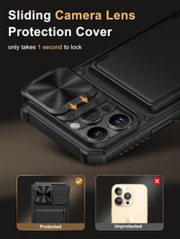 Vihibii for iPhone 14 Pro Max Case with Card Holder (4 Cards) [RFID Blocking] & Slide Camera Cover, Military Grade Drop Protection, Rugged Hard Back & Silicone Edge Wallet Phone Case, 6.7" 2022, Black