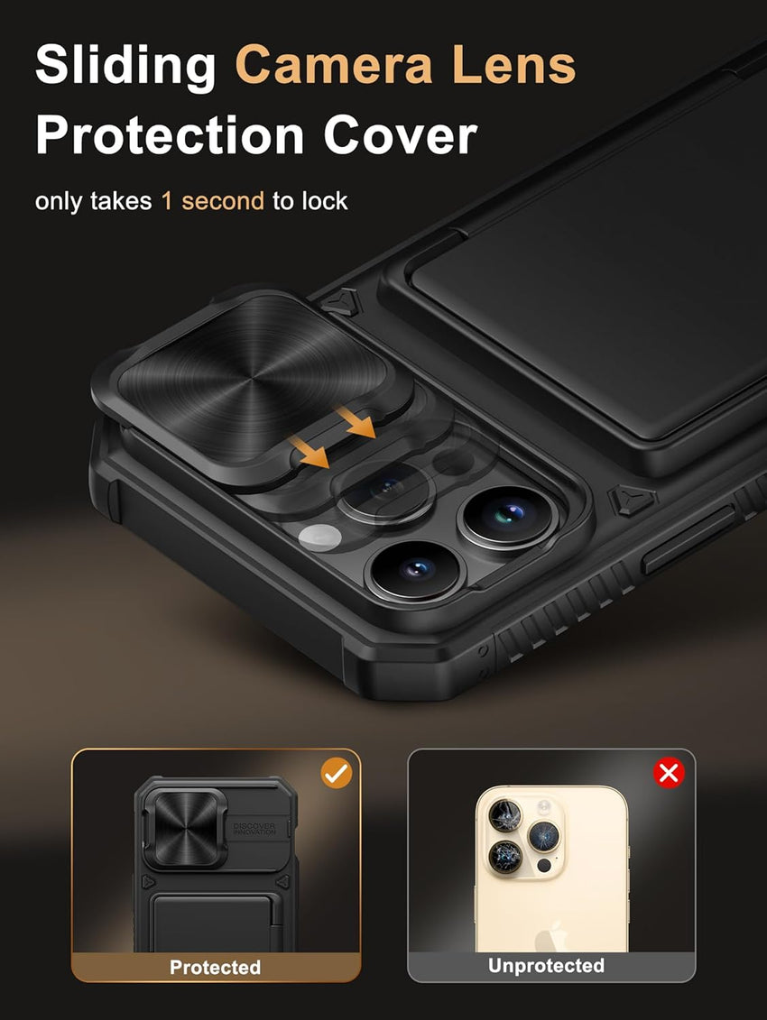 Vihibii for iPhone 14 Pro Max Case with Card Holder (4 Cards) [RFID Blocking] & Slide Camera Cover, Military Grade Drop Protection, Rugged Hard Back & Silicone Edge Wallet Phone Case, 6.7" 2022, Black