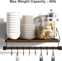 Alsonerbay Floating Shelves Wood Kitchen Shelves Wall Mounted,Rustic Storage with 8 Removable Hooks Small Floating Shelf with black Metal and dark brown Wood for Kitchen Bathroom Bar