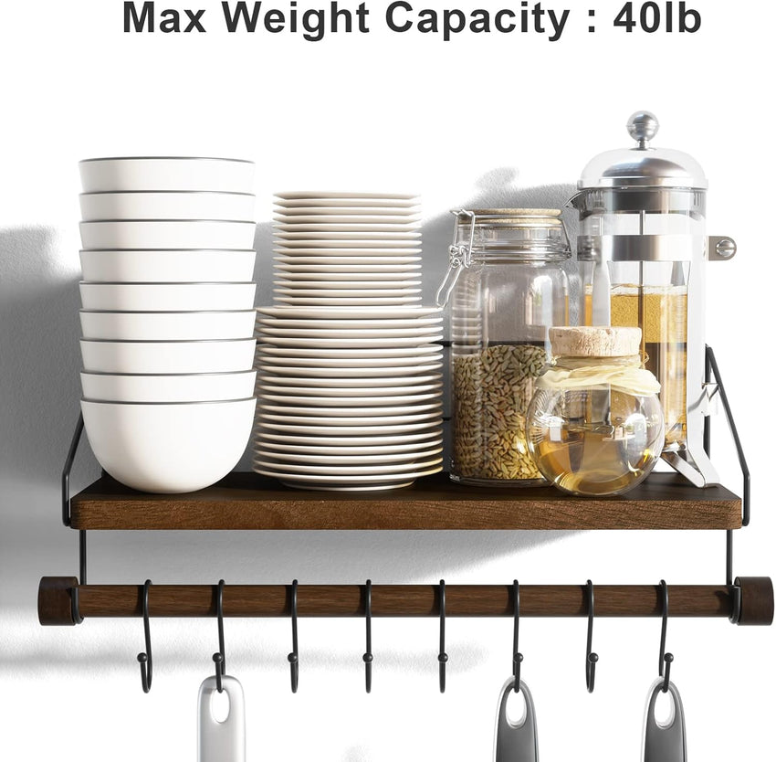 Alsonerbay Floating Shelves Wood Kitchen Shelves Wall Mounted,Rustic Storage with 8 Removable Hooks Small Floating Shelf with black Metal and dark brown Wood for Kitchen Bathroom Bar