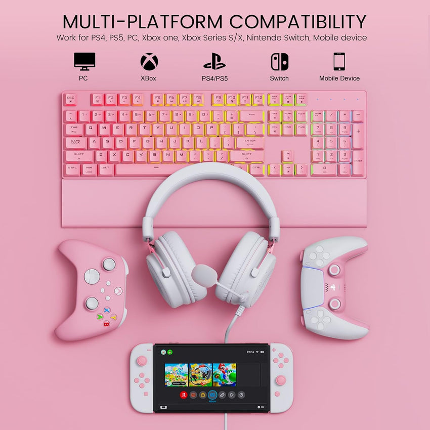 EKSA E900 Wired Gaming Headset for Xbox One - PC Headset with Detachable Noise Cancelling Microphone, 3D Stereo Sound 50mm Driver- Gaming Headphones for Xbox S/X, PS4 PS5, Switch, Laptop (Pink)