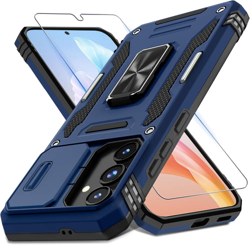 DEERLAMN Case for Samsung Galaxy S24 FE 6.7-Inch with Slide Camera Cover+Screen Protector(1 Pack), Rotated Ring Kickstand Military Grade Shockproof Protective Cover-Navy Blue