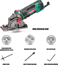 HYCHIKA Mini Circular Saw, with 3pcs Blades (85mm), Scale Ruler, 500W Pure Copper Motor, 4500RPM Ideal for Wood, Soft Metal, Tile and Plastic Cuts