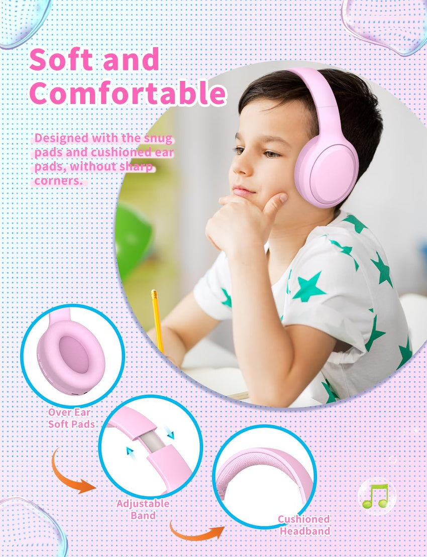 Xunpuls Kids Bluetooth Headphones,Foldable On Ear Wireless Headphone,Stereo Sound with MIC,10H Playtime,Bluetooth 5.3,Kids Wireless Headphones Over Ear for Kid Adult School Online Class (Pink)