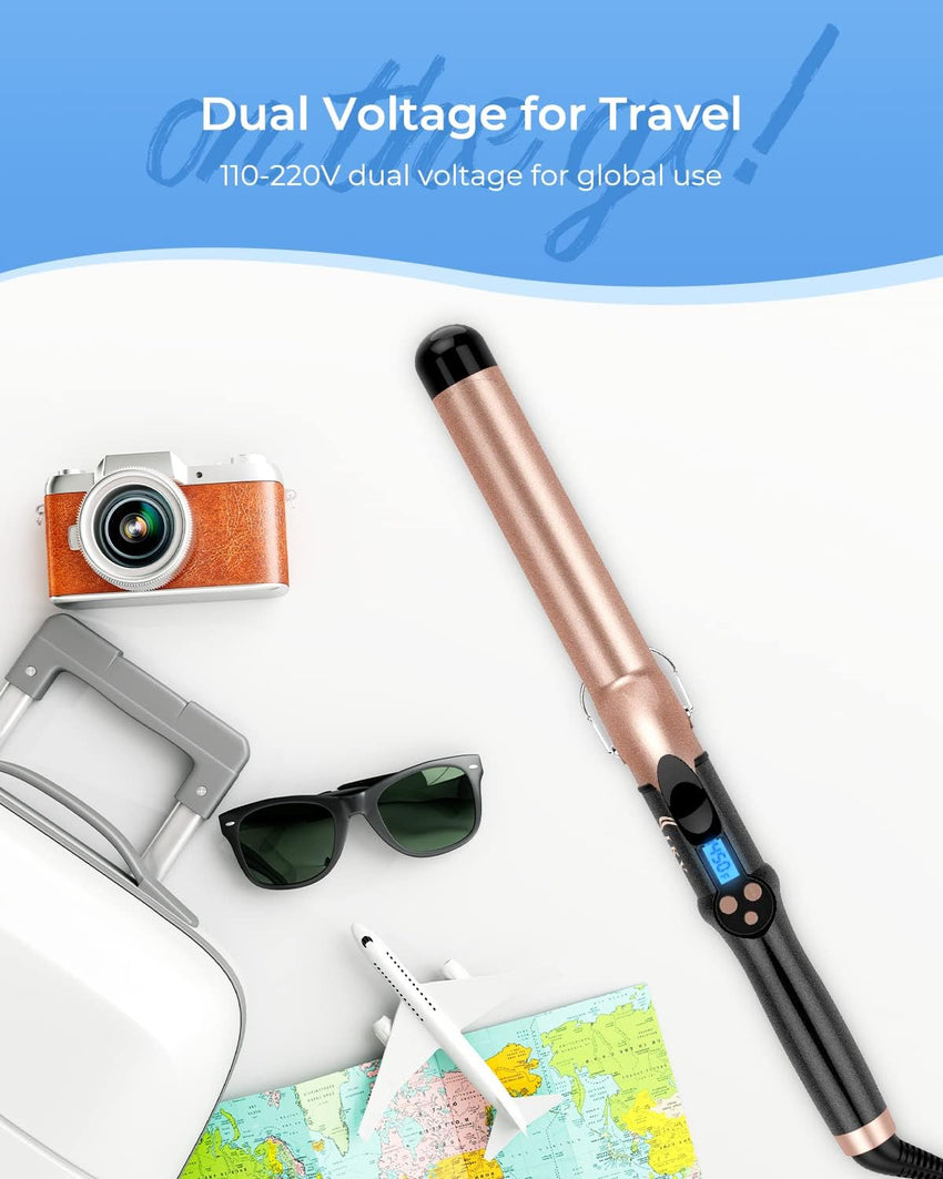 32mm Extra Long Barrel Curling Iron, Ceramic Tourmaline Curling Wand Professional Dual Voltage