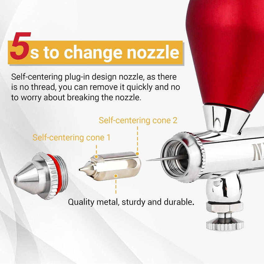 NEOECO SJ83 Airbrush, Self-Centring Plug-in Nozzleï¼0.2, 0.3 & 0.5mm Nozzle Sets and 1/3 oz Cup, Dual-Action Gravity Feed Airbrush with 1/3 oz,2/3 oz,4/3 oz Replacement Cups (RED)