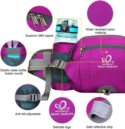 WATERFLY Hiking Waist Pack Bum Bag Waist Bag with Bottle Holder Running Bag for Camping Climbing Travel Cycling and Dog Walking (Rose)