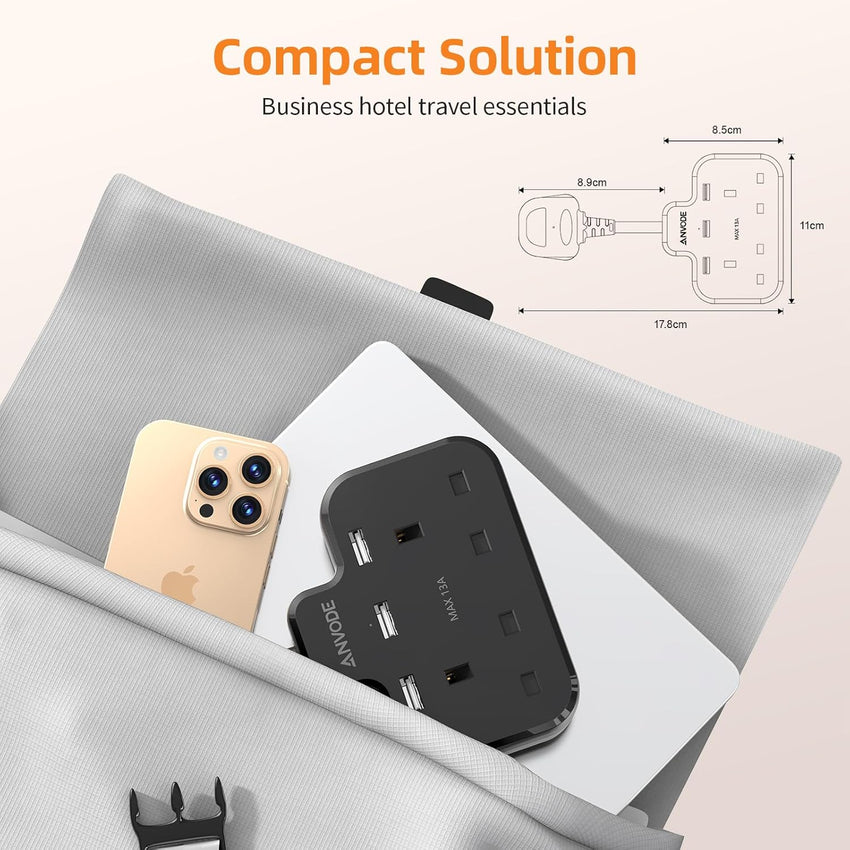 Double Plug Adaptor with USB, 2 Way Wall Adapter with Short Extension Lead, Multi Plug Socket Extender For Home Office (Black)