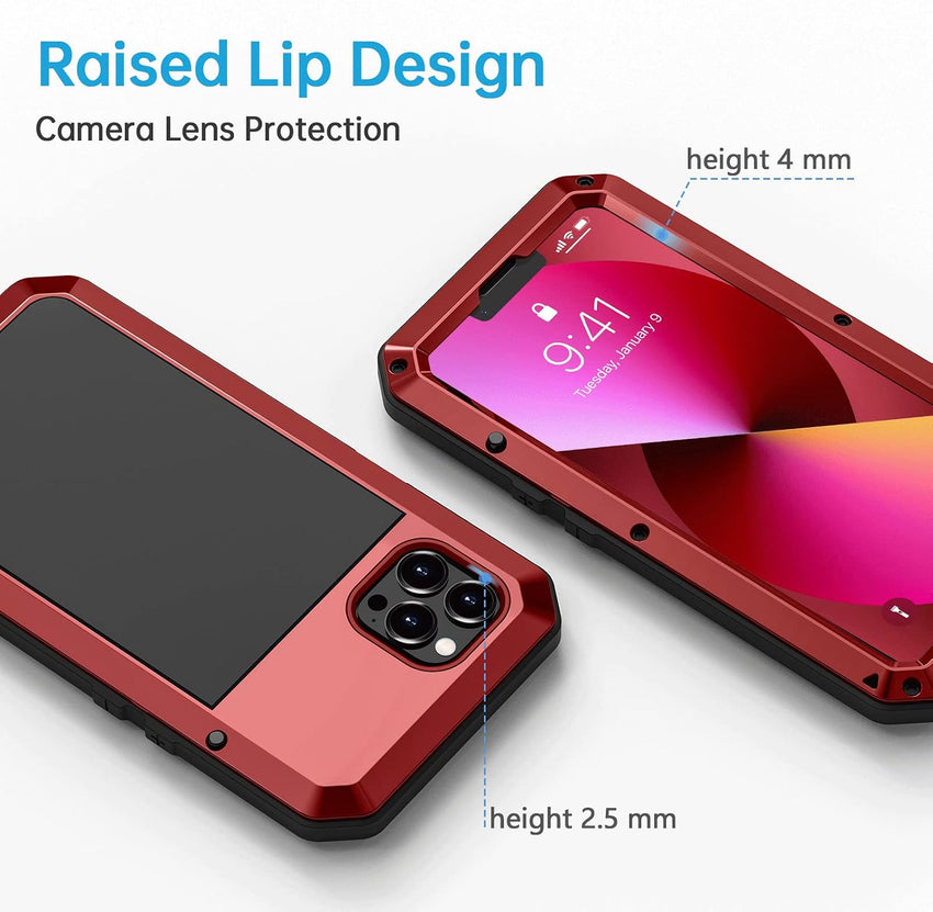 Lanhiem Heavy Duty Case for iPhone 13 Pro Max Shockproof Cover Tough Armour Metal Case with [Tempered Glass Screen Film], 360 Full Body Protective Case Cover for iPhone 13 Pro Max - Red