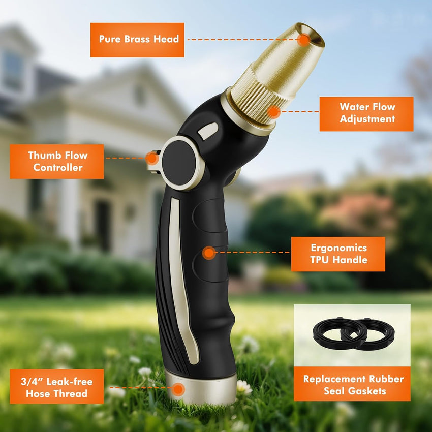 RESTMO Hose Pipe Spray Gun High Pressure, Heavy Duty Pure Brass Nozzle Head, Metal Hand Sprayer for Car Washing, Garden Cleaning, Lawn and Plant Watering, Thumb Flow Control, 4 Spray Patterns