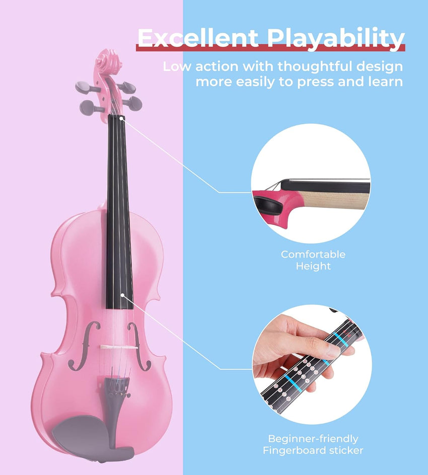 Vangoa 1/4 Violin Set Acoustic Violin Fiddle Quarter Size for Kids Beginners Students with Violin Case, Rosin, Shoulder Rest, Tuner, Strings, Violin Bow, Fingerboard Sticker, Pink