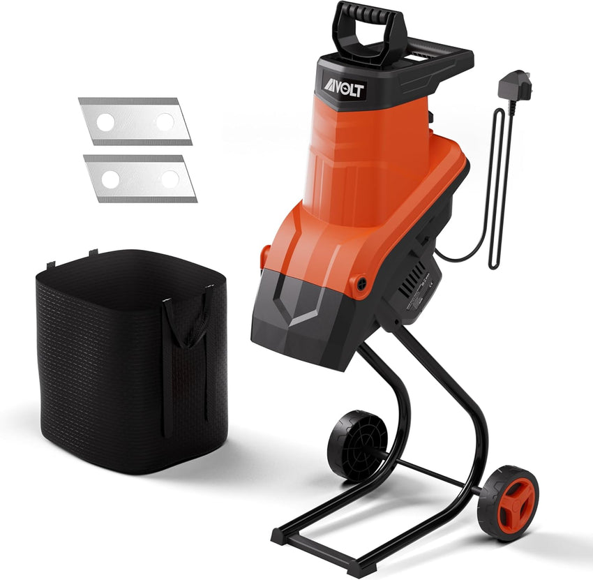 USED AIVOLT 2500W Garden Shredder, Electric Wood Chipper, Crush up to 45mm, 3600rpm Speed, 10m Power Cable, Reversible Steel Blades with Detachable 50L Collection Bag for Garden Debris, Leaves and Branches