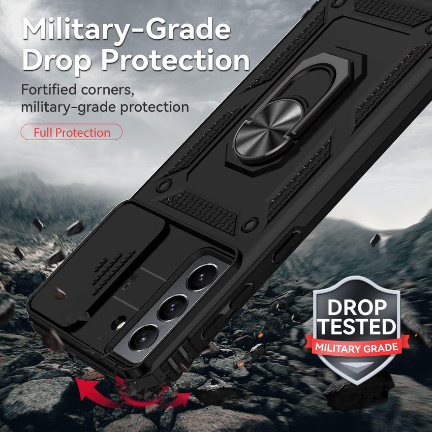 for Samsung Galaxy S21 Plus Case with Camera Lens Cover HD Screen Protector, Military-Grade Drop Tested Magnetic Ring Holder Kickstand Protective Phone Case for Samsung Galaxy S21+ Plus 5G (Black)