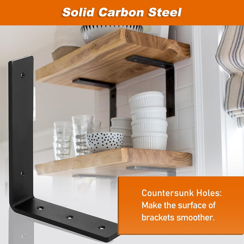 MLOQI 6 Pack Heavy Duty Shelf Brackets, 5mm Thick Scaffold Board L Wall Brackets for Shelves, Black Industrial Shelves Support (10"x6"/25cm x 15cm)