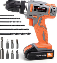 Terratek Cordless Drill Driver 18V Lithium-Ion, 13Pc Electric Screwdriver Set, LED Work Light, Electric Drill Quick Change Power Drill Battery and Charger Included