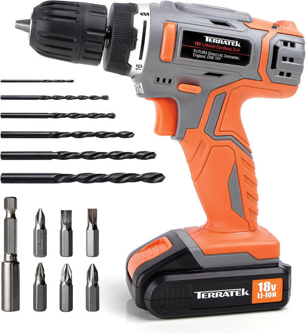 Terratek Cordless Drill Driver 18V Lithium-Ion, 13Pc Electric Screwdriver Set, LED Work Light, Electric Drill Quick Change Power Drill Battery and Charger Included