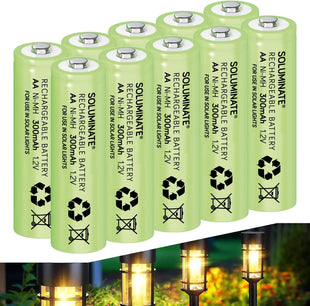 Soluminate AA Solar Light Batteries (300mAh) 1.2V Rechargeable NiMH for outdoor solar garden lights (10-Pack)