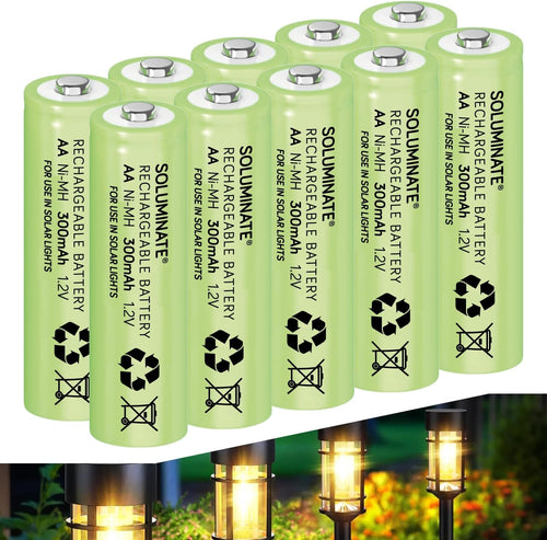 Soluminate AA Solar Light Batteries (300mAh) 1.2V Rechargeable NiMH for outdoor solar garden lights (10-Pack)