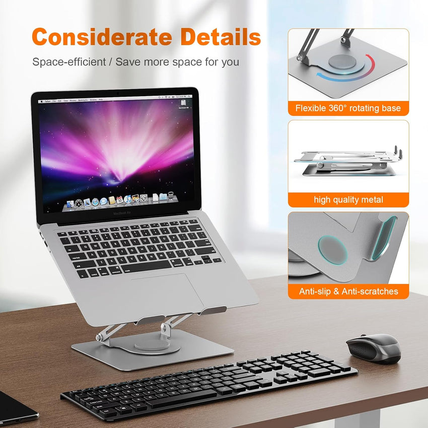 GRIFEMA Laptop Stand for Desk, Foldable Laptop Riser with 360^0 Swivel Base, Adjustable Height & Angle, Ventilated Computer Stand Compatible with MacBook Air/Pro, Dell, and 11-17" Laptops - Silver