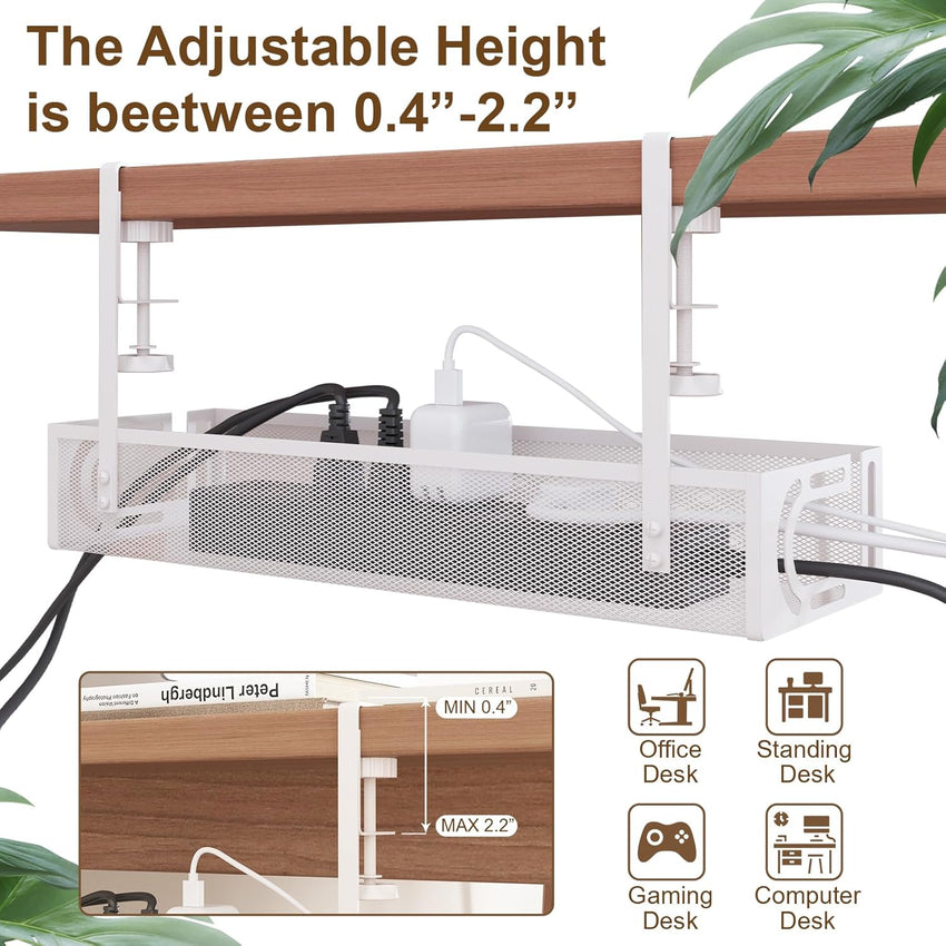 Under Desk Cable Management Tray, 15.4'' No Drill Cable Management Mesh Wire Organizer Side Opening Design for Home, Office, Internet Cafe, Kitchen, White